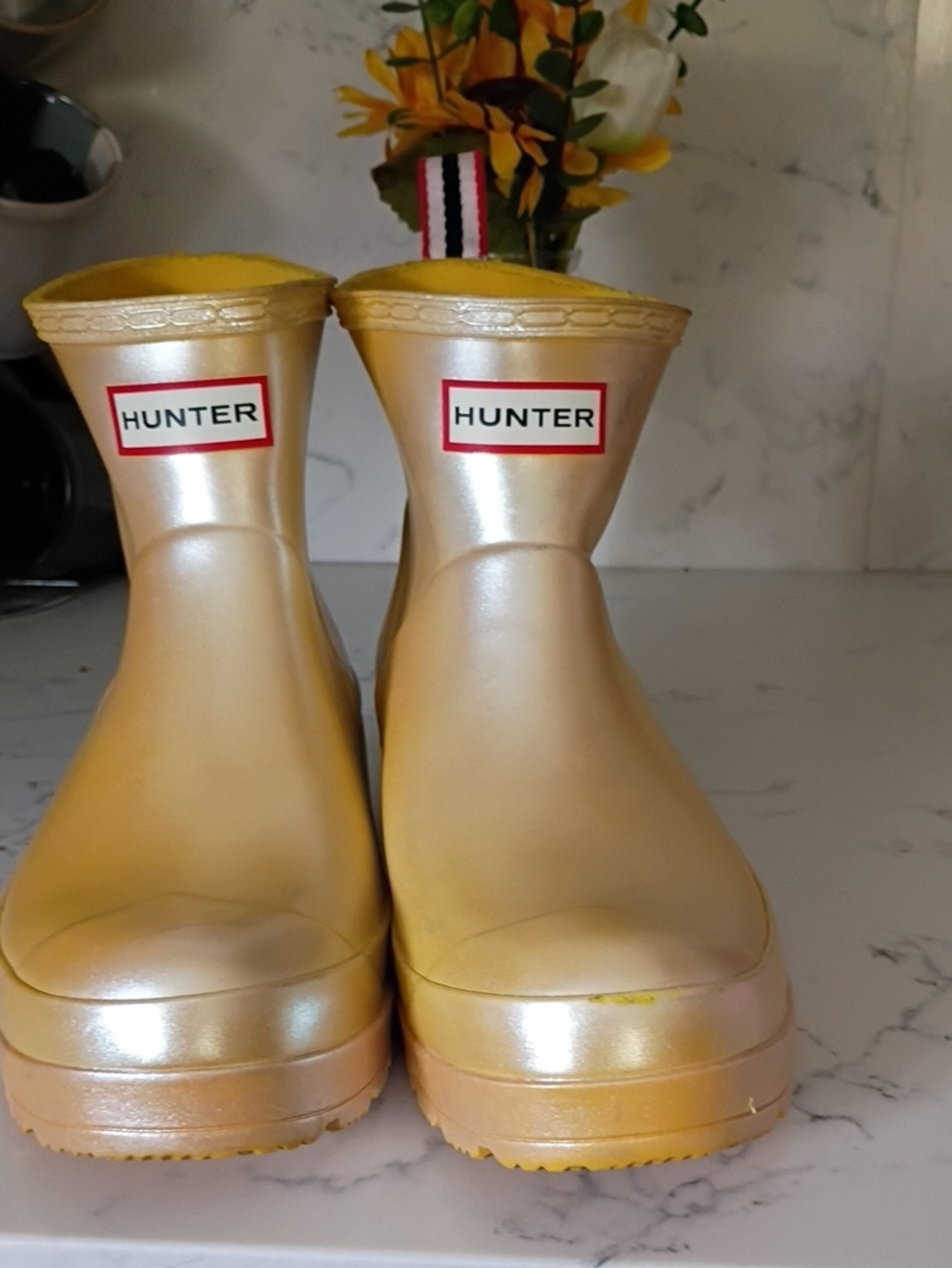 Hunter Metallic Yellow Platform Short Rain Boots